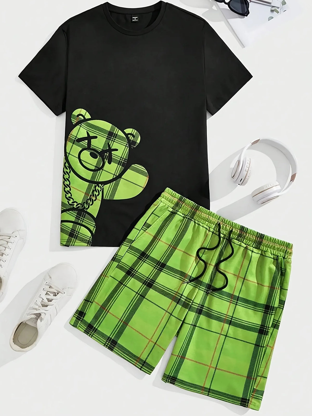 2026 Summer Casual Short-Sleeve Fashionable Breathable Sports Set Loose-Fit Quick-Dry Men's Short-Sleeve Hip-Hop Bear Print Set