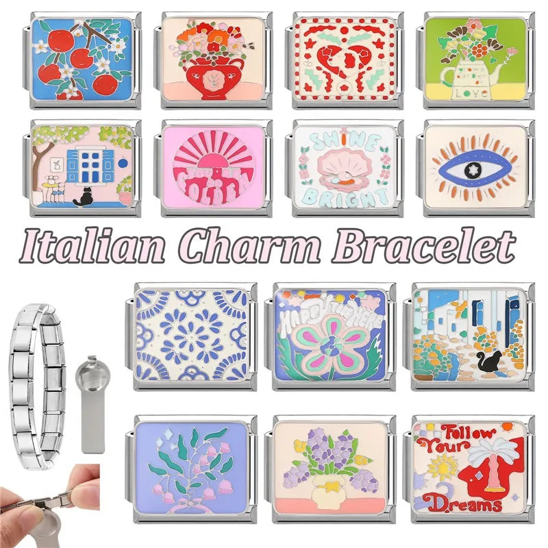 Fashion Drip Glaze Blue Eyes Colorful Butterfly Italian Charm Links Fit 9mm Stainless Steel Bracelet Jewelry DIY Making Beads