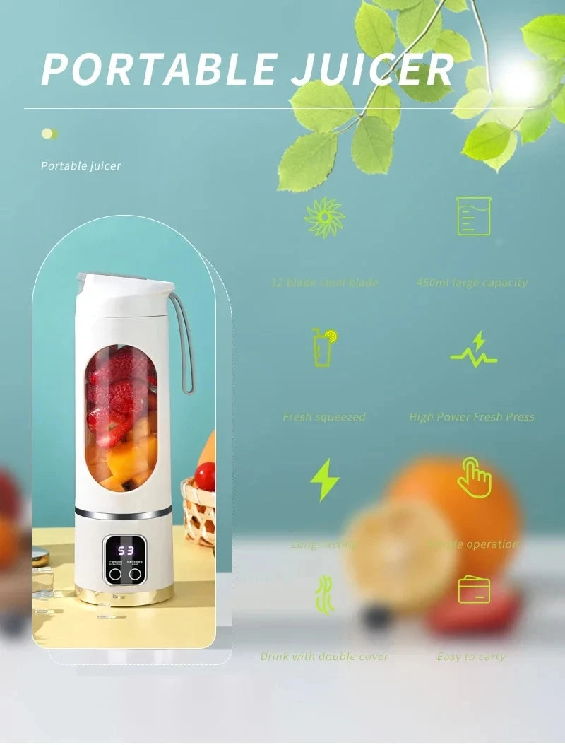 2026 Naujas buitinis įkraunamas MINI smulkinto ledo elektrinis sulčiaspaudės aparatas Galingas variklis 450ML didelės talpos skaitmeninio ekrano sulčių puodelis