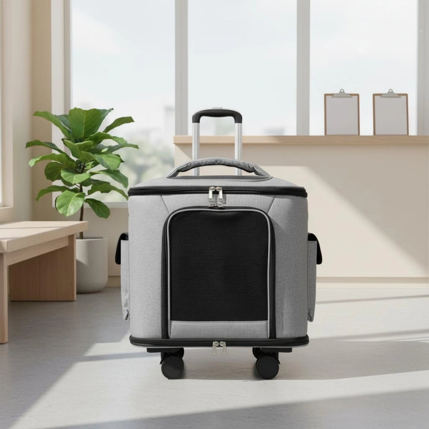 Rolling Pet Carrier Quiet Wheels Feline Carrier Suitcase Feline Travel Bag Large Capacity Portable for Outdoor