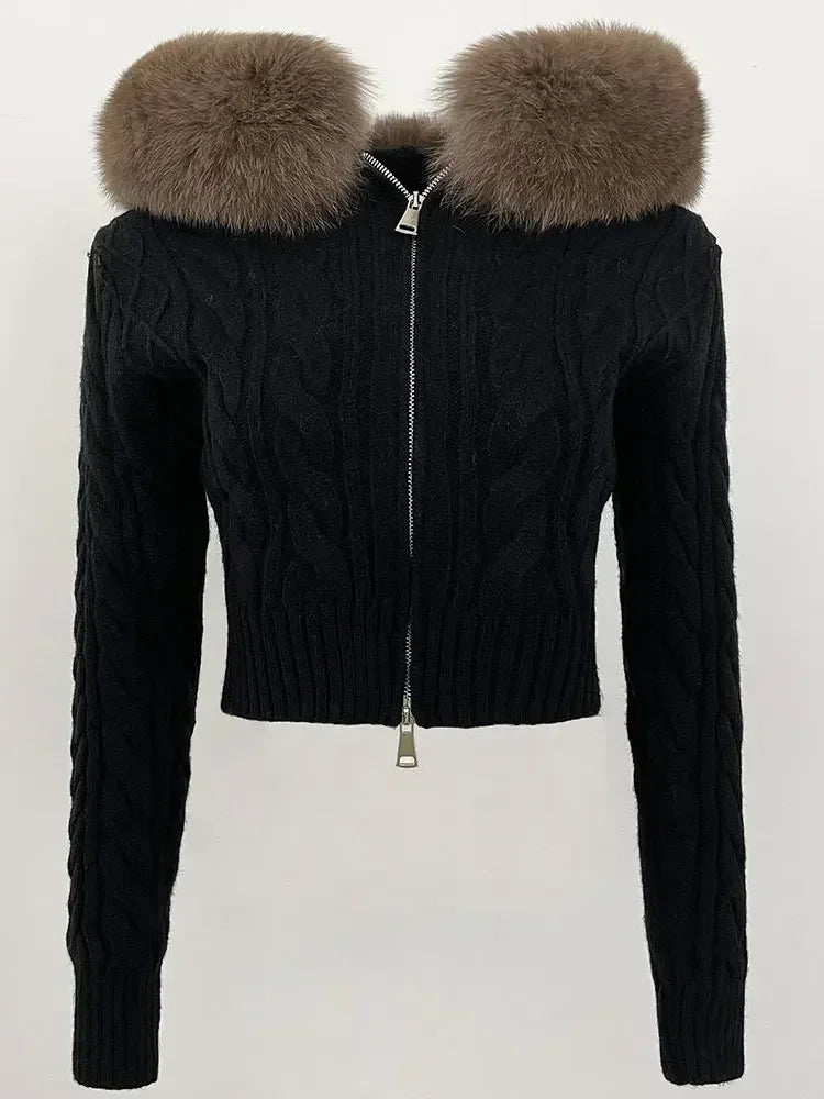 Fashion Natural Fox Fur Collar with Knitted Sweater Women Casual Sweater 2025 New Spring Autumn Slim Fit Elastic Oversized Coat