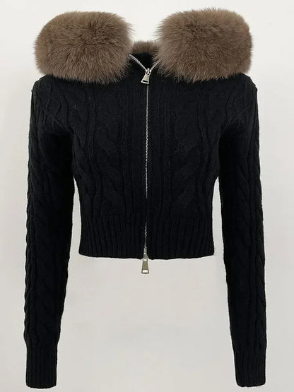 Fashion Natural Fox Fur Collar with Knitted Sweater Women Casual Sweater 2025 New Spring Autumn Slim Fit Elastic Oversized Coat