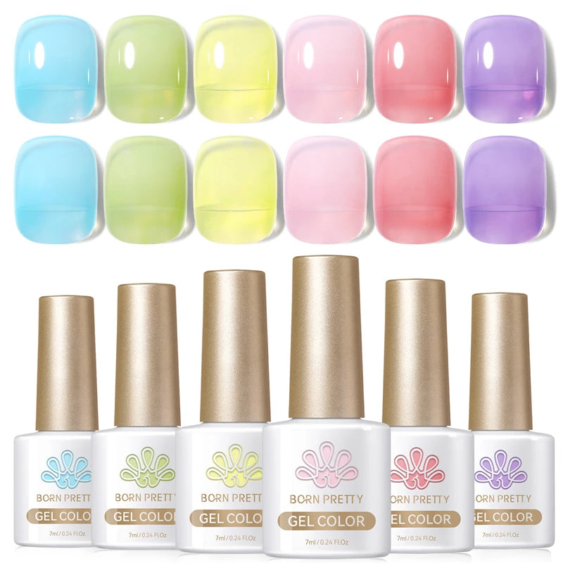 BORN PRETTY 7ml 6Pcs/Set Neon Garden Ice Jelly Gel Nail Polish Set Light Pink Blue Green Soak Off Translucent Nail Gel Kit