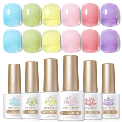 BORN PRETTY 7ml 6Pcs/Set Neon Garden Ice Jelly Gel Nail Polish Set Light Pink Blue Green Soak Off Translucent Nail Gel Kit