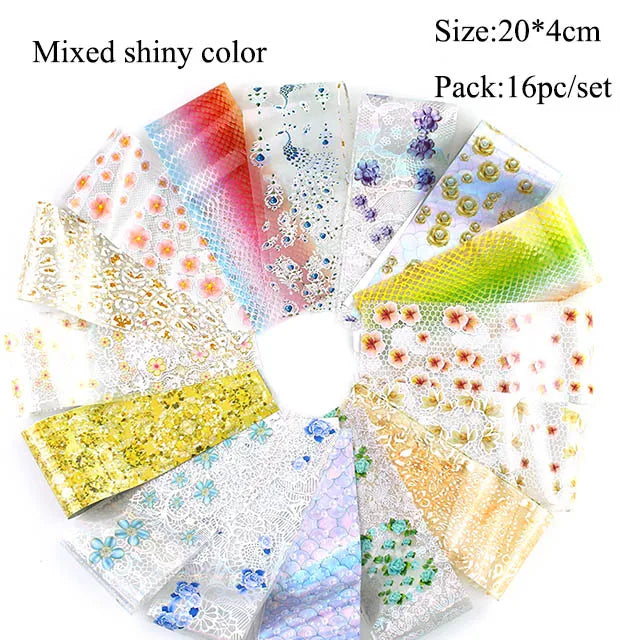 16Pc Holographic Nail Foil Set Starry Transfer 20*4cm Sticker Laser Flowers Leopard Mix Design Decal DIY Nail Art Decoration
