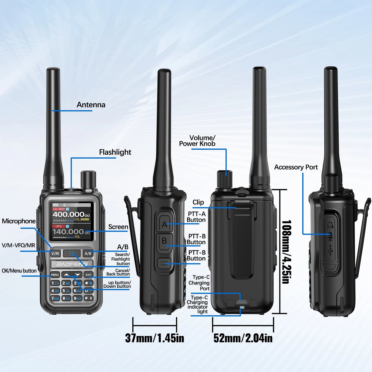 BAOFENG UV-5R Mini Walkie Talkie Full Band Bluetooth Programming Wireless Copy Frequency 2 PTT AM FM Type-C Long Range Ham Radio