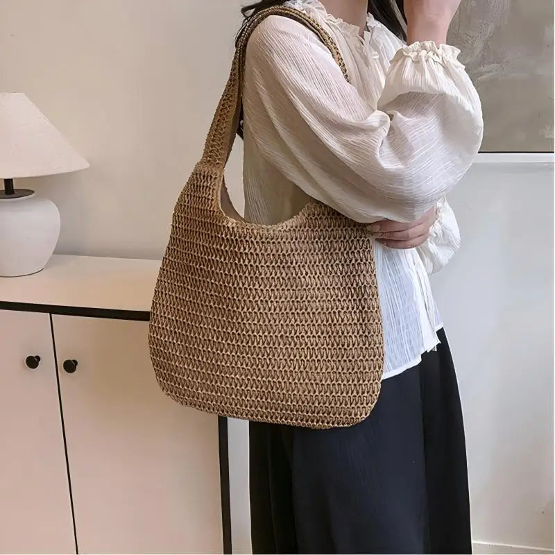 Homefish Women Woven Rattan Straw Tote Bag Large Capacity Summer Beach Shoulder Handbag Casual Ladies Travel Crossbody Purses