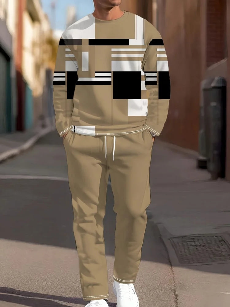 Autumn Casual Men's Long-Sleeve Set Trendy Gradient Print Outdoor Crew Neck Long-Sleeve Top & Casual Pants Two-Piece Set