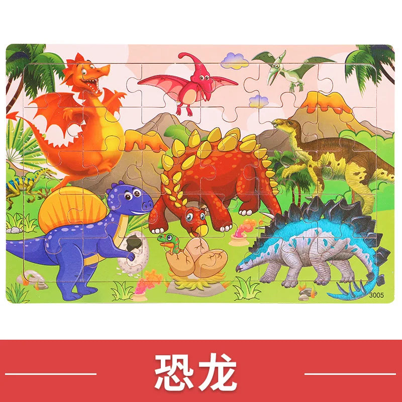 NEW Wooden 30pcs Puzzles Animal Dinosaur Cartoon Plane Puzzle Intellectual Building Block Toys for Gift