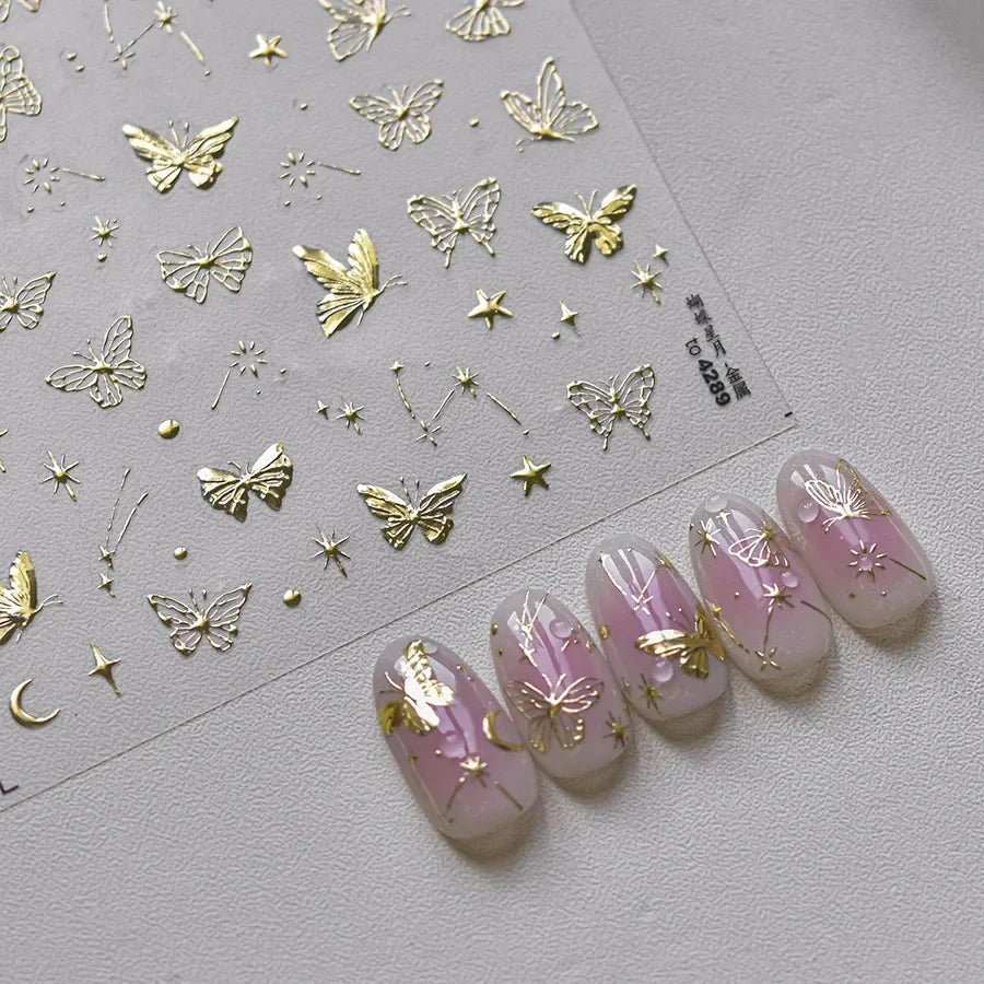 Shiny Jelly Butterfly Charming Golden Gradient Bowknot 5D Self Adhesive Nail Art Sticker Flower Petal Rhinestone Manicure Decals