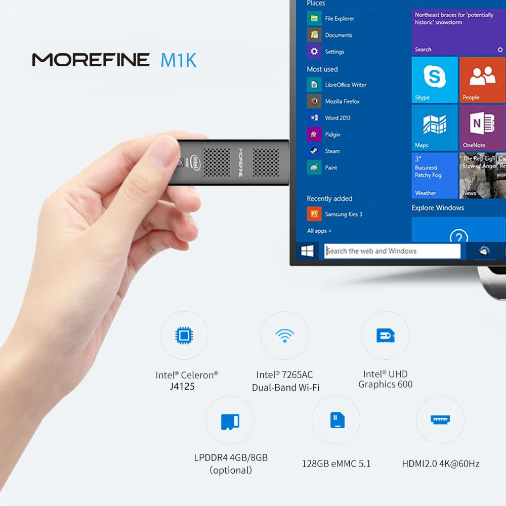 MOREFINE M1K Intel N5000 Pocket PC Win 11 LPDDR4 8GB 128GB/256GB SSD WIFI5 BT4.2 Intel UHD Graphics 4K HD Display Mini PC Stick