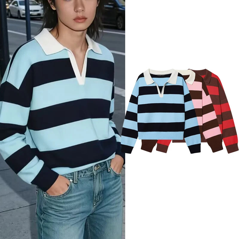 Sweater knitted Pullover Women's Spring 2026 New Fashion Striped Loose Polo neck Warm Women Sweater Chic Youth Holiday Pullover