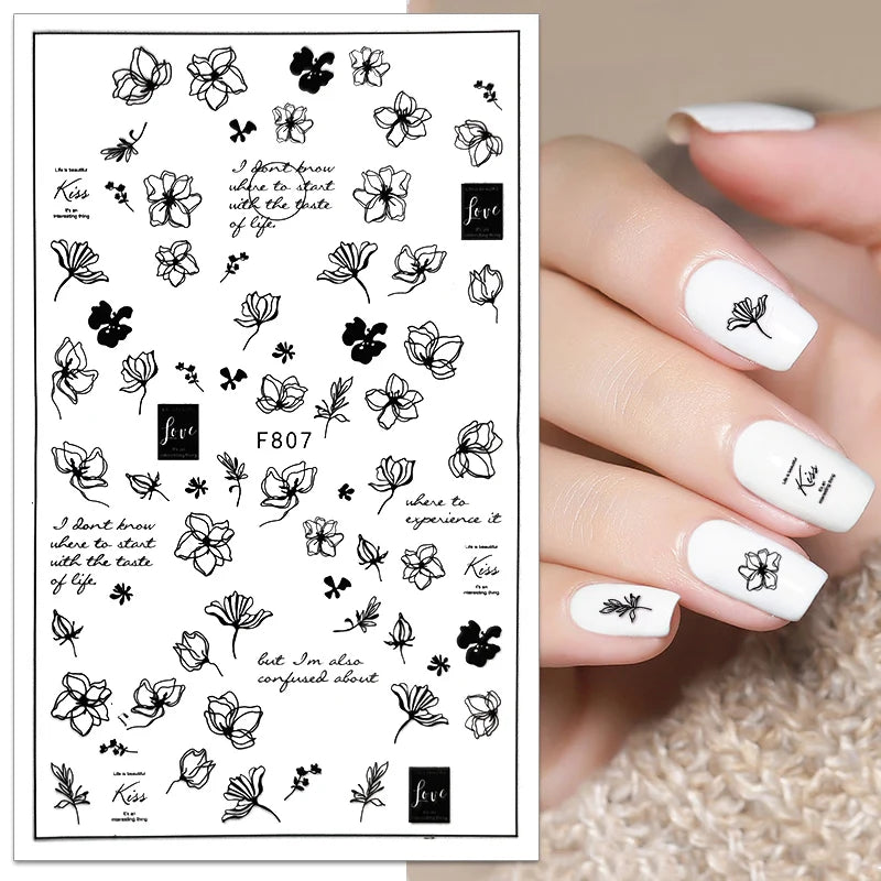 Black and White Love Flowers Line Art 3D Stickers Nail Decals Nail Art Accessories Butterfly Rose Nail Stickers Nail Sliders