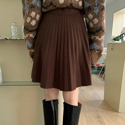 White Knitted Pleated Skirt Women Autumn Winter 2025 New High Waist Mini Skirt Lady's Fashion Korean Solid Women's Short Skirts