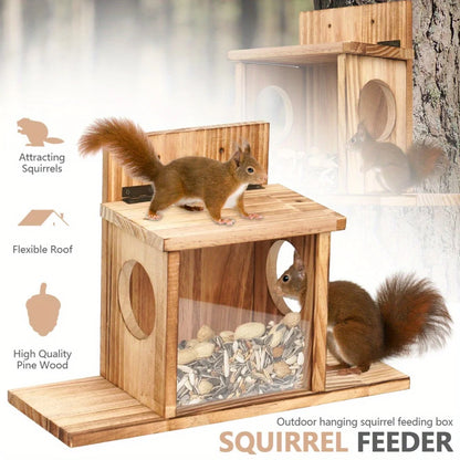 Squirrel Feeder Wooden Construction with Transparent Window Top Cover 2 Side Holes