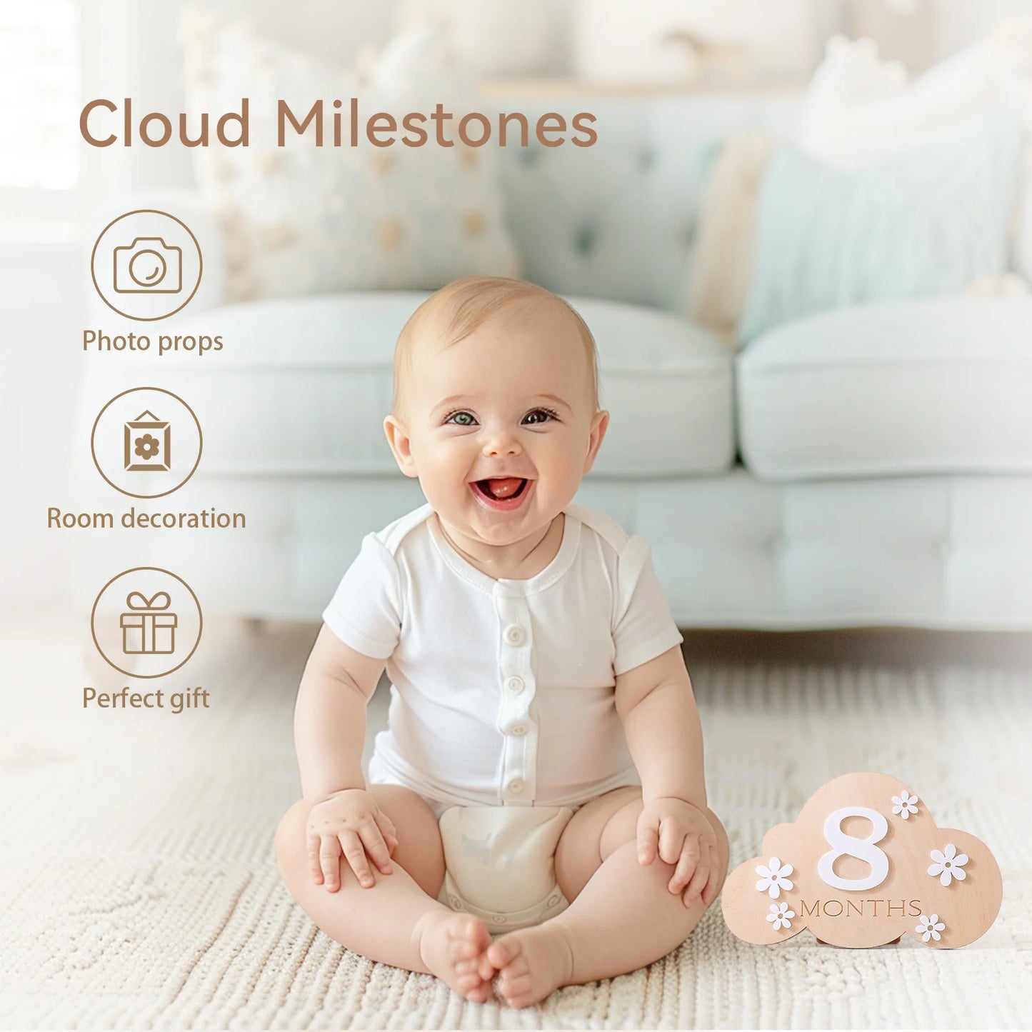 Wooden Baby Month Photography Prop Cloud Shape Record Card Newborn Birthday Gift Milestone Card Souvenir Baby Photo Accessories