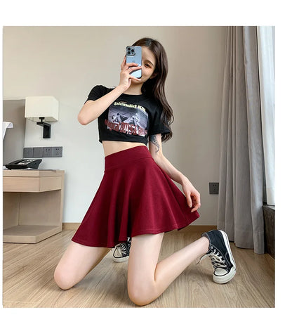 Summer Basic Skirts Women Shorts Mini Elastic Pleated Skirts High Waist Bubble Sun Skirts School Girl Uniform Lined Safety Pants