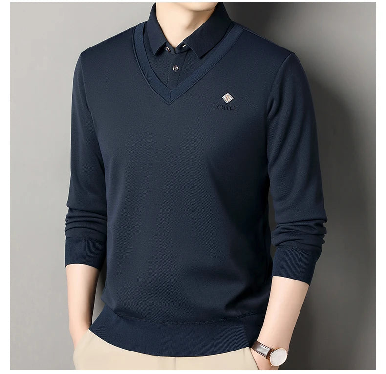 Men's Fleece Lined Sweater Polo Collar Pullover Tops Fashion Business Causal Pullovers Korean Slim Fit Thick Winter Clothes