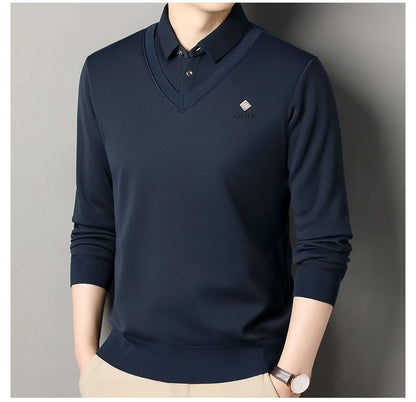 Men's Fleece Lined Sweater Polo Collar Pullover Tops Fashion Business Causal Pullovers Korean Slim Fit Thick Winter Clothes