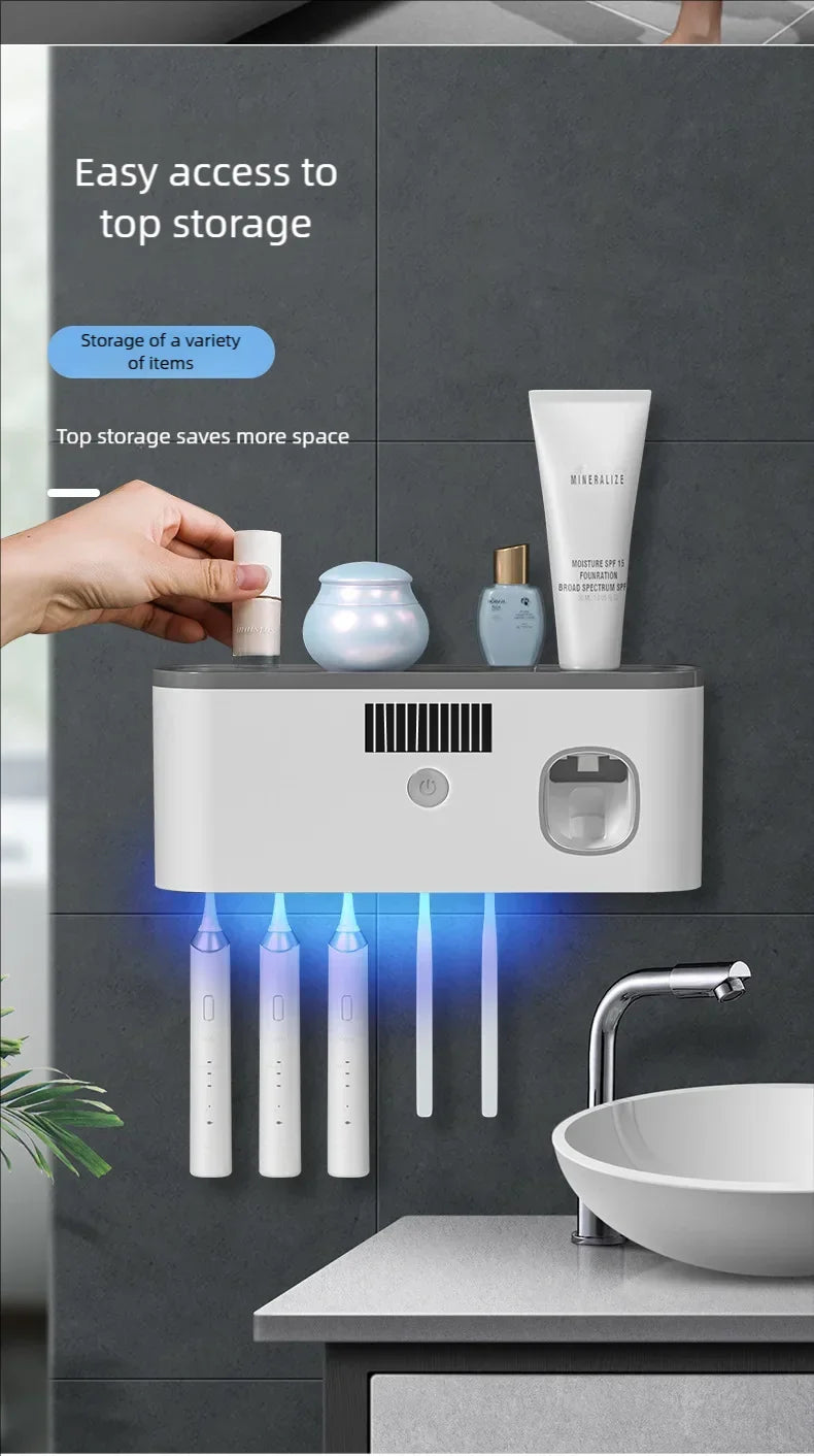 Household 3 in 1 UV Light Electric Toothbrush Sanitizer Wall Mounted Toothbrush Holder With Toothpaste Dispenser Combination