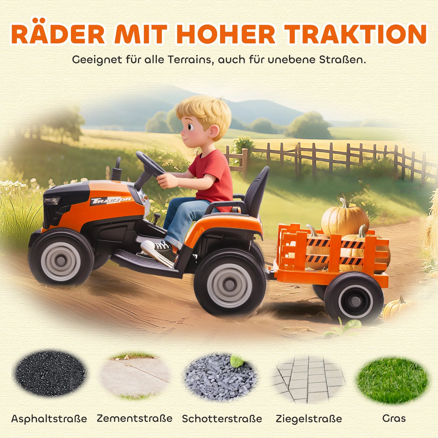 Electric tractor for children, ride-on tractor with remote control, soft start, for children aged 3 to 8, Orange
