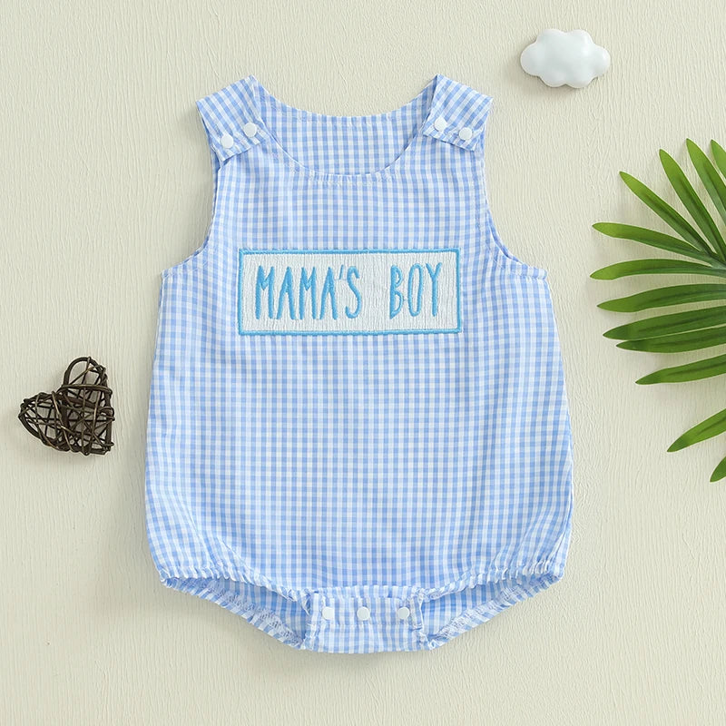 Baby Boy Summer Romper Overalls Letter Embroidery Plaid Print Sleeveless Round Neck Jumpsuit Newborn Baby Boy Clothes