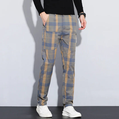 Autumn Winter Luxury Plaid Check Pattern Casual Pants Men Thick Business Elastic Waist Slim Fit Korean Pocket Long Trousers Male
