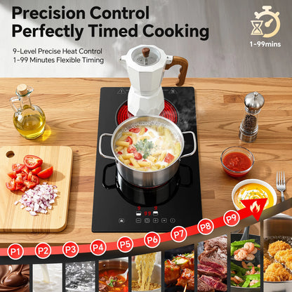 2-Zone Ceramic Hob, 3000W with Child Lock, 9 Heat Levels, 1-99min Timer, Black (CE Certified)