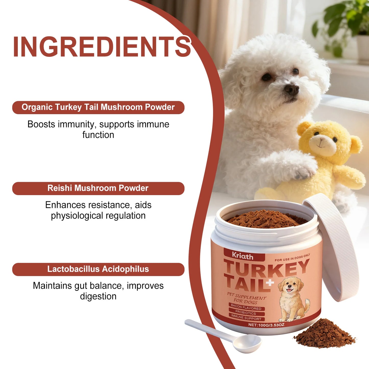 Turkey Tail Mushroom Powder for Dogs, Bacon Flavor Pet Immune Support Joint Hip Gut Health Supplement, Skin Coat Care Powder