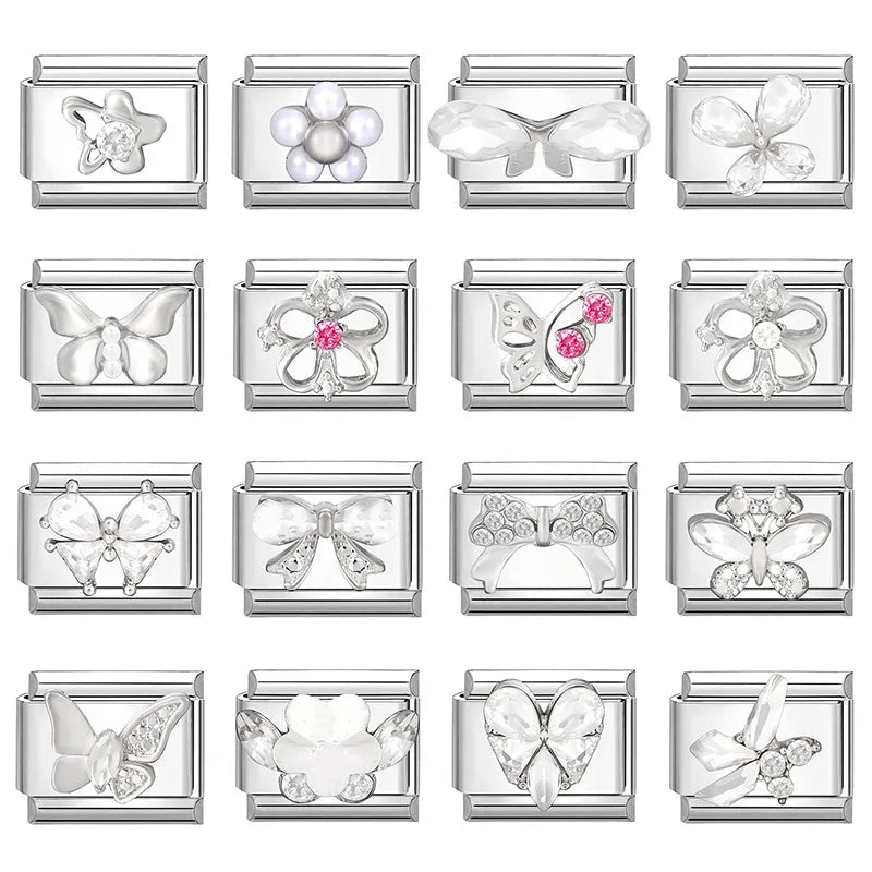 New Shiny Zircon Heart Butterfly Flower Star Bow Italian Charm Links Fit 9MM Stainless Steel Bracelet Girls' DIY Making Gift