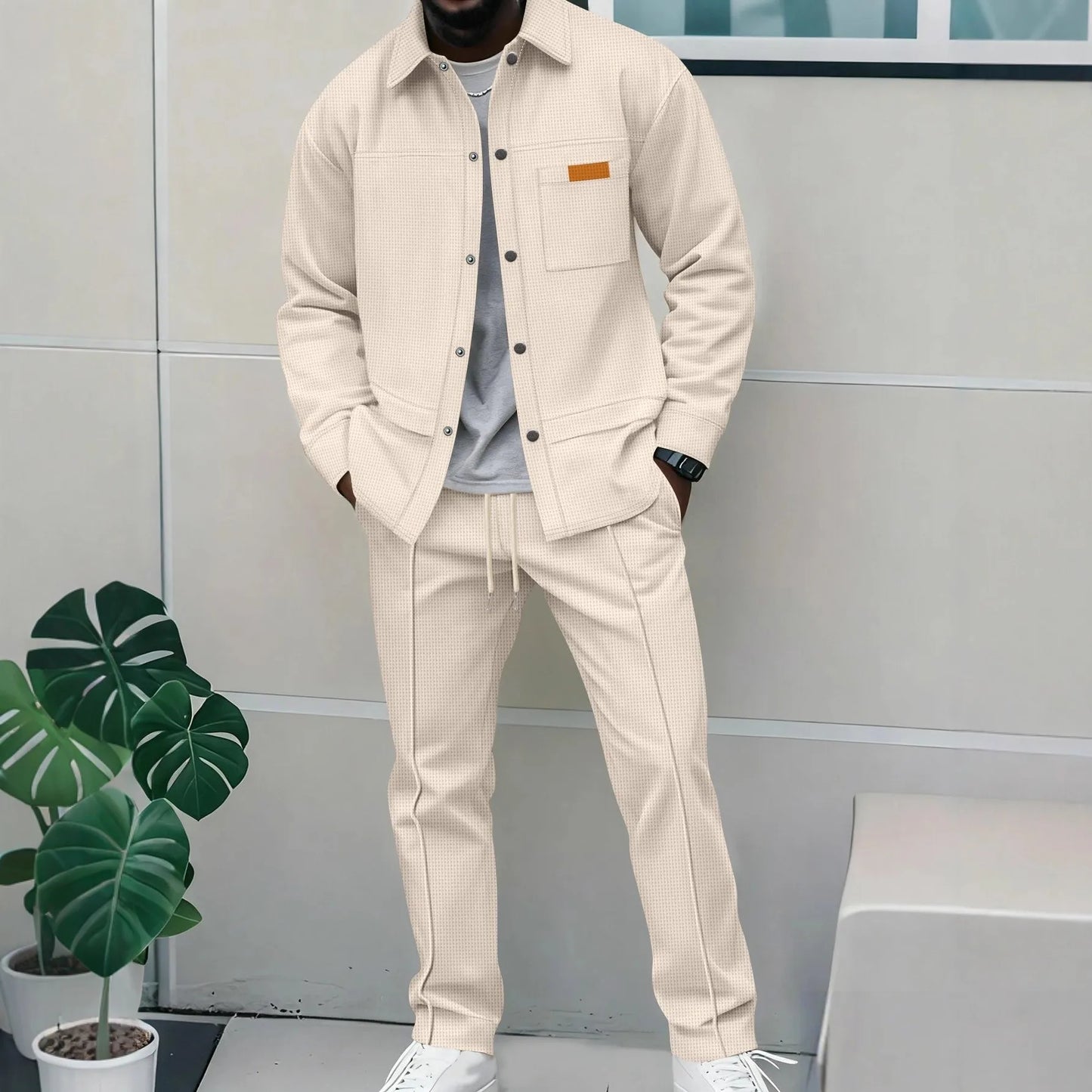 2026 Men's New Style Waffle Plain Color Collar Button-Down Pockets Long-Sleeved Pants Casual Jacket Set