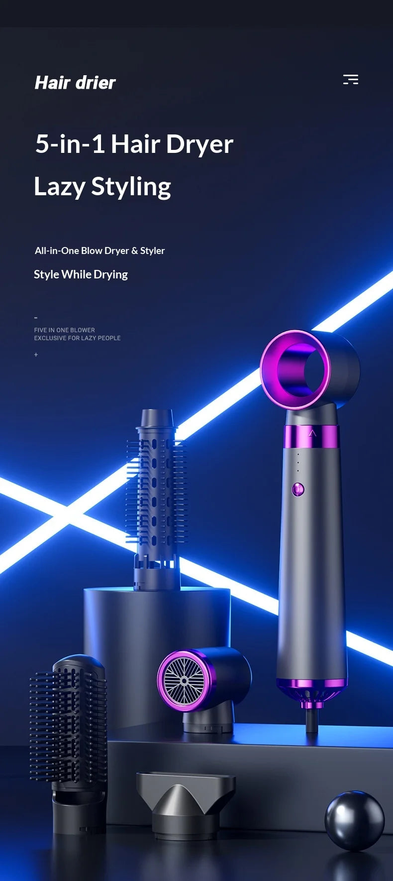 HOMEFISH 5-in-1 Electric Hair Dryer with Automatic Straight & Curling Iron Hot Air Comb & Diffuser for Outdoor Use AC Motor
