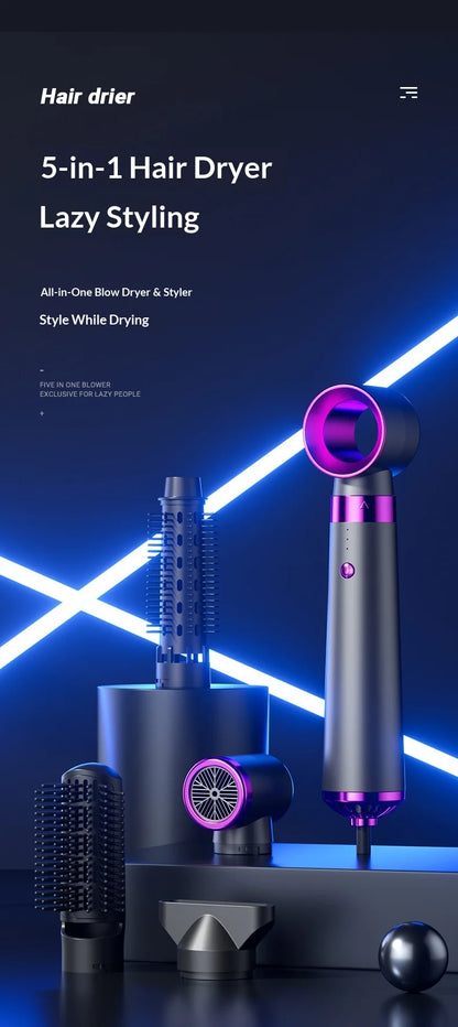 HOMEFISH 5-in-1 Electric Hair Dryer with Automatic Straight & Curling Iron Hot Air Comb & Diffuser for Outdoor Use AC Motor