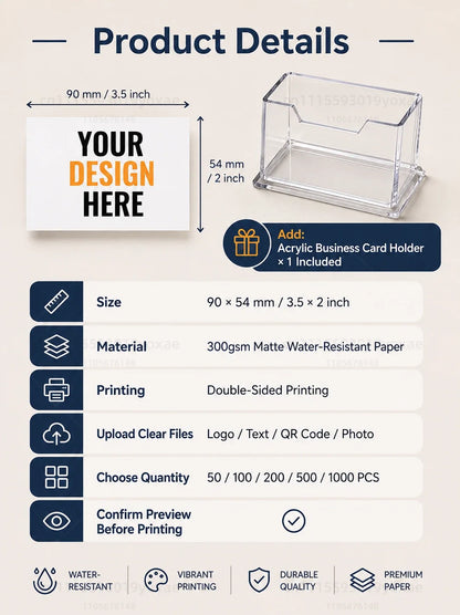 Custom Logo Business Cards 300gsm Matte Water-Resistant Paper Double-Sided Printing Text QR Code Photo 90x54mm 50-1000Pcs Set