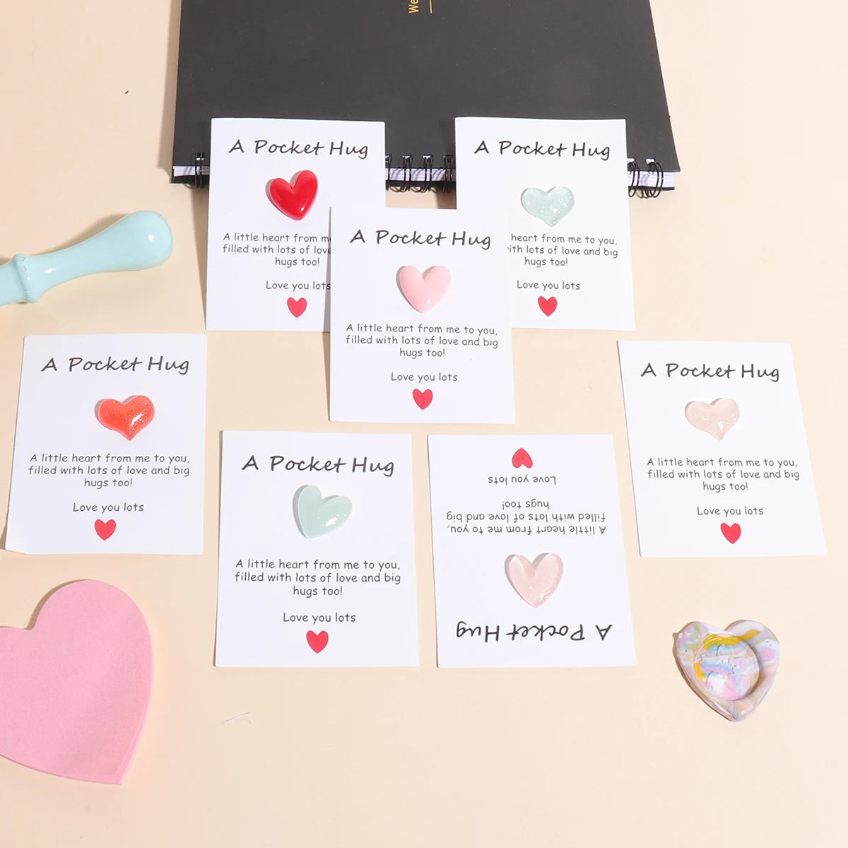 4 Pack Small Cute Pocket Hug Cards, Heart Shape Encouragement Greeting Cards, Mini Love Cards for Birthday Valentine
