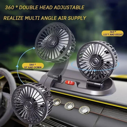 EAFC 5V 12V Car Fan Dual Head Air Cooling Fan 360° Adjustable USB Mini Protable Auto Air Fan Low Noise Car Accessories