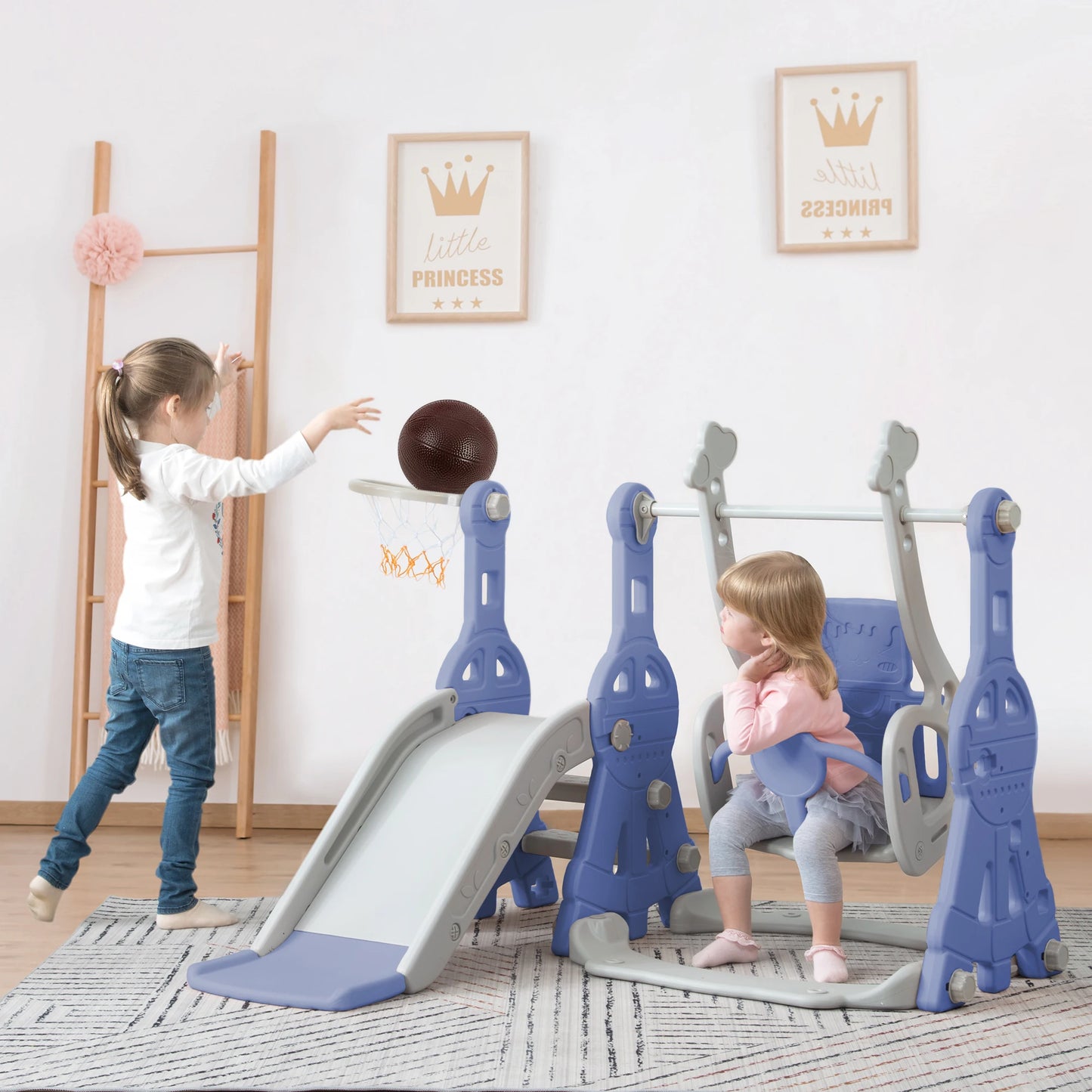 Anajqaqia 4-in-1 Children's Slide and Swing Set with Climbing Ladder & Basketball Hoop, Indoor Outdoor Toddler Play Centre, Blue