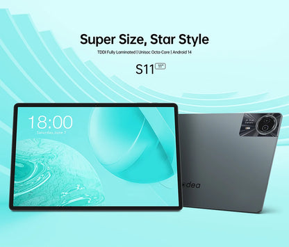 ODEA S11, 11 inches TDDI, 8000mAh, Android 14 Tablet, (6GB+10GB Expansion) 16GB RAM, 256GB ROM, 1920x1200 IPS, UNISOC T606, 8 cores, Mali-G57, 4G LTE, Wifi, GPS, SIM Slots*2+TF*1, Widevine L1 for Netflix