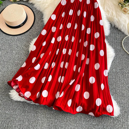 2026 Pleated Skirt Elastic Waist Polka Dot Fashion Printed Slim Pleated Skirt Women's Summer New Beach Vacation Mid-length Skirt