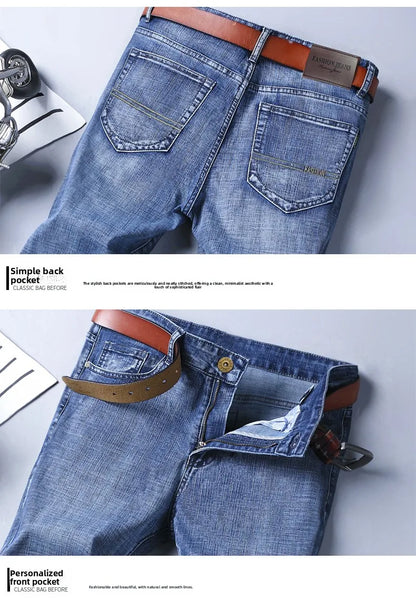 2026 Brand Slim Washed Jeans Casual Straight Stretch Fashion Classic Blue Black Work Denim Trousers Male Brand Clothing
