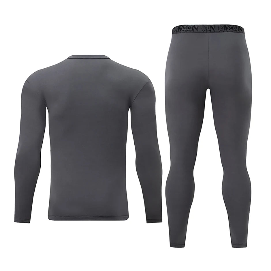 2-piece Men's Autumn And Winter Solid Color Round Neck Fashionable Printed Sports Thermal Underwear Set Simple And Comfortable