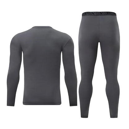 2-piece Men's Autumn And Winter Solid Color Round Neck Fashionable Printed Sports Thermal Underwear Set Simple And Comfortable
