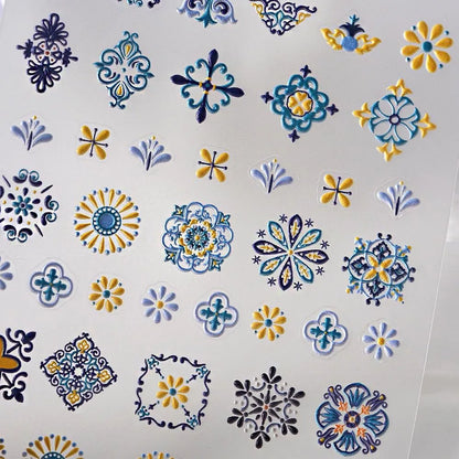 1PC Bohemia Nail Art Stickers 5D Bohemia Nail Sticker Decal Abstract Design Retro Blue Yellow Flower Self Adhesive Nail Supplies