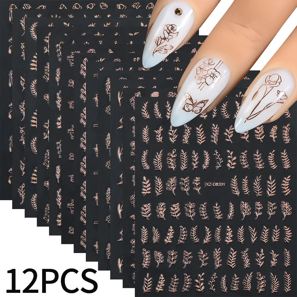 12Pcs 3D Gold Exquisite Flower Leaf Nail Art Stickers Metallic Floral Leaves Self-Adhesive Nail Decals DIY Retro Manicure Decor