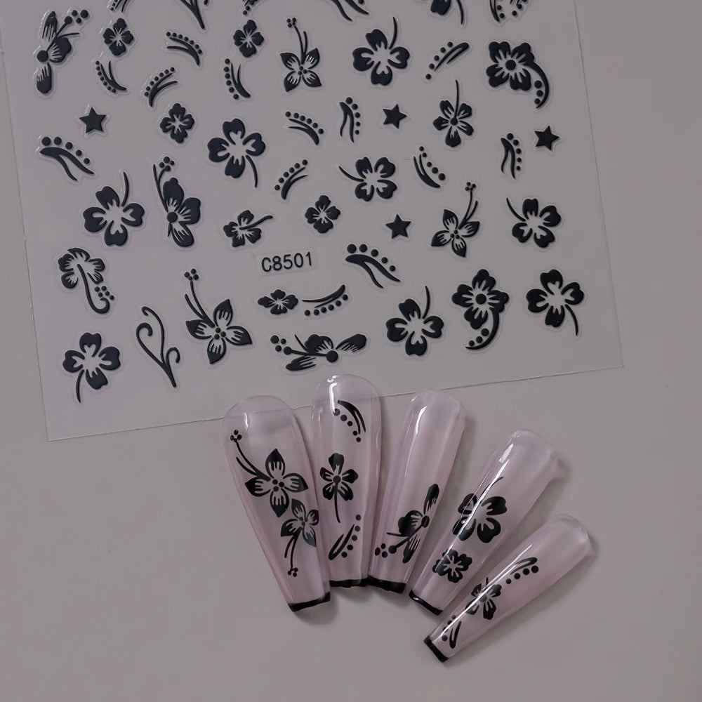 5D Hibiscus Flower Nail Embossed Sticker Lace Flower White Pink Petal Floral Self Adhesive Nail Art Slider DIY Elegant Romantic