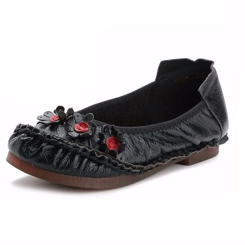 Vintage Flower Moccasins Woman Genuine Leather Ballet Flats Ladies Hollow Slip Ons Women's Luxury Loafer Purple Walking Shoes 42