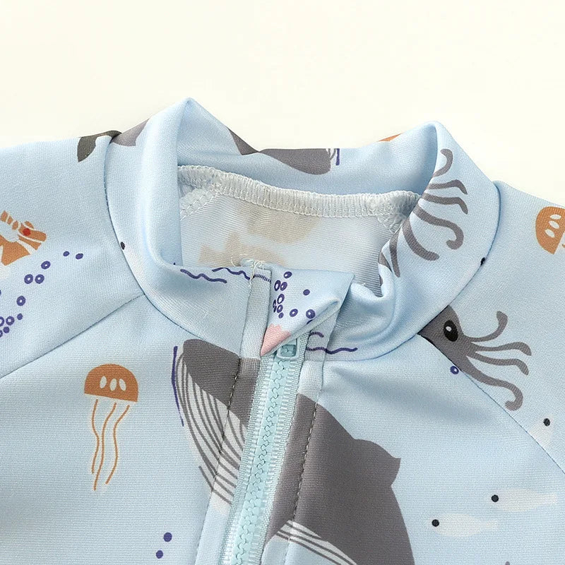 Baby Toddler One-piece Swimsuit With Hat Cartoon Print Kids Short Sleeve Zipper Swimwear Sun Protection For 0-7Y Boys Girls