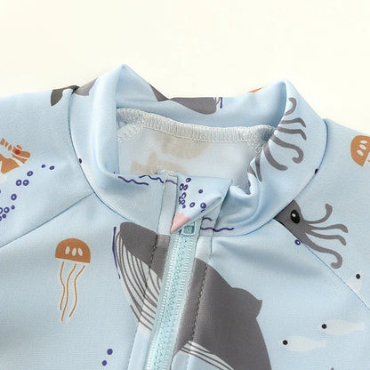 Baby Toddler One-piece Swimsuit With Hat Cartoon Print Kids Short Sleeve Zipper Swimwear Sun Protection For 0-7Y Boys Girls