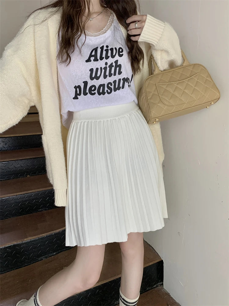 White Knitted Pleated Skirt Women Autumn Winter 2025 New High Waist Mini Skirt Lady's Fashion Korean Solid Women's Short Skirts
