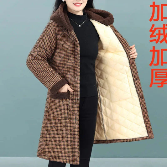 Winter Coat New Vintage Velvet And Thickening Single breasted Cotton Coat for Women Fit Cotton Clip Warm Long Parka Plaid Coat